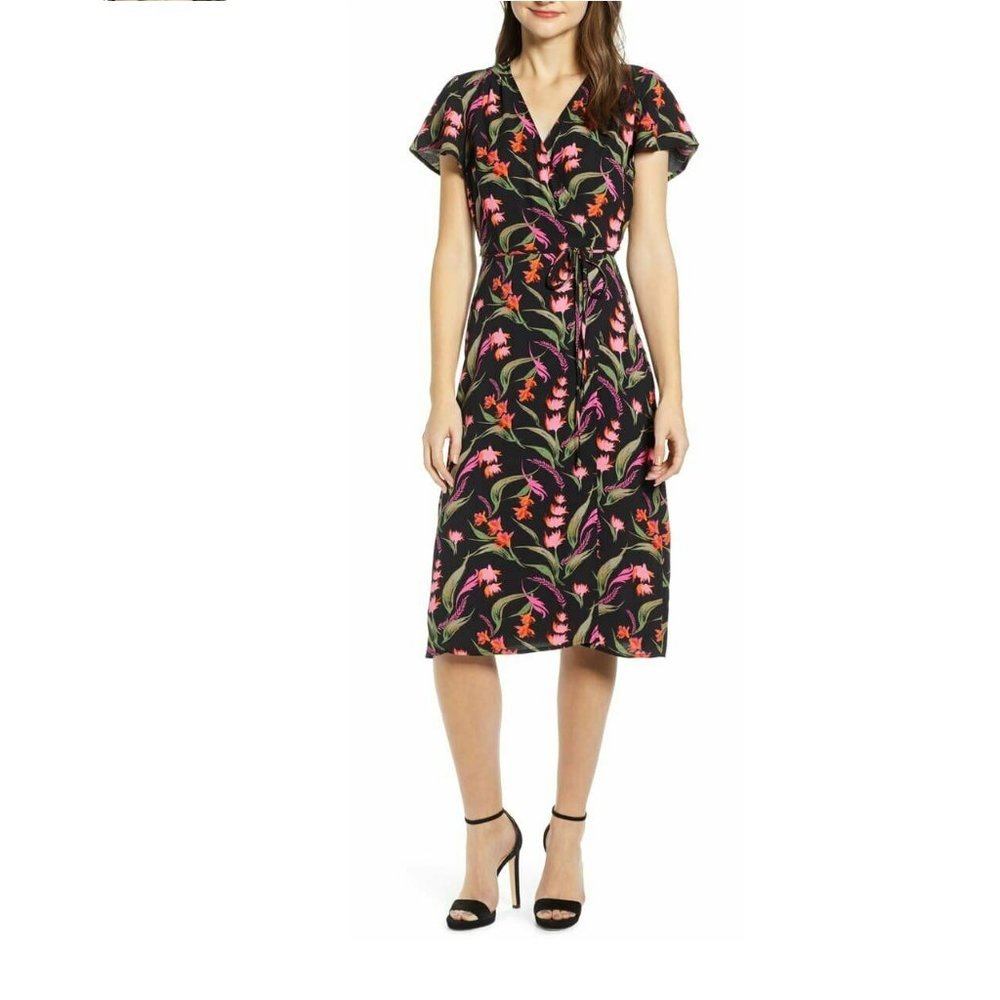 Leith Women's Faux Wrap Dress, Size Small - Black